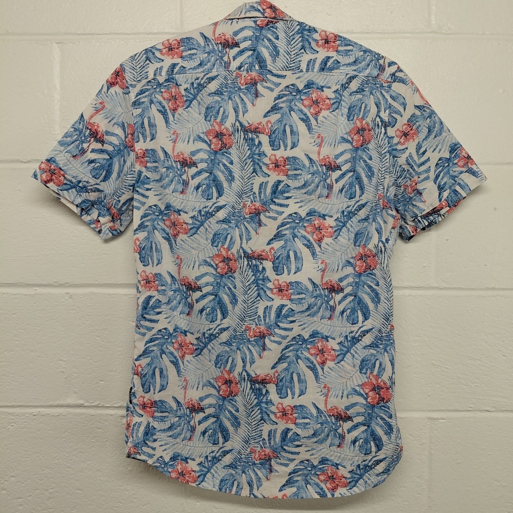 IZOD Saltwater Woven Chambray Hawaiian Flamingo Shirt SMALL Blue Tropical Button - Picture 2 of 7
